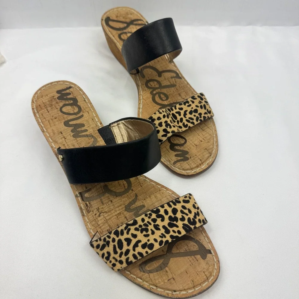 Sam Edelman Shellie Women Black Leather Leopard Calf Hair Wedge Sandals Size 10M